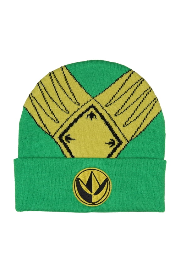 Mighty Morphin Power Rangers Men's Green Ranger Beanie Gold Armor Embroidered Patch Knit Fold Cuff Beanie Hat OSFM