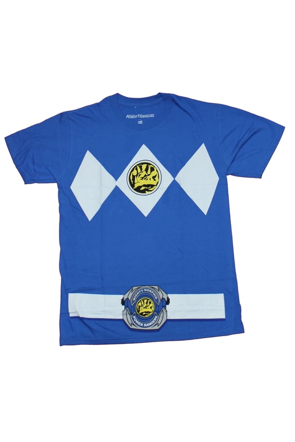Mighty Morphin Power Rangers Mens T-Shirt - Blue Ranger with Belt Buckle (Small)