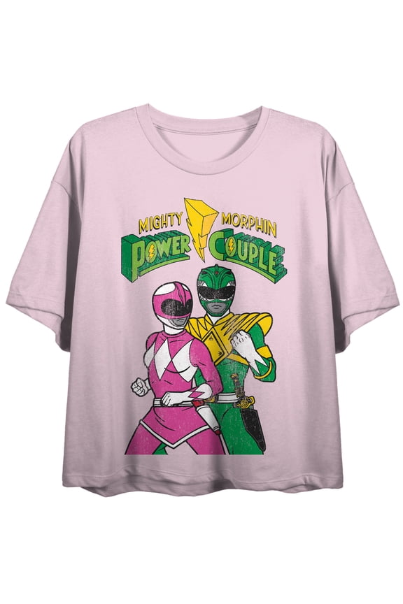 Mighty Morphin Power Rangers Pink and Green Ranger Womens Graphic Tee Boxy Crop Fit Screen-Printed Character Art Officially Licensed Junior T-Small
