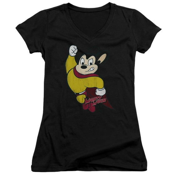 Mighty Mouse Classic Hero Junior Women's V-Neck T-Shirt Black