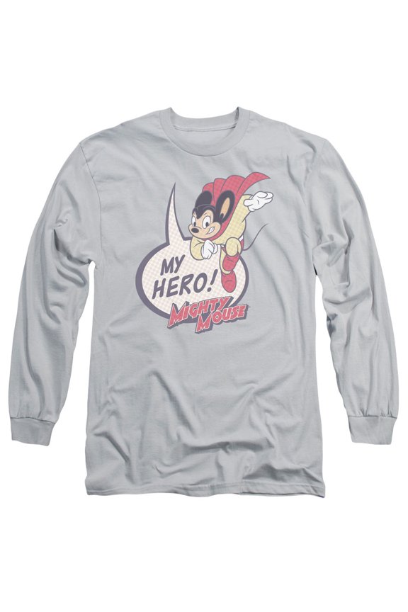 Mighty Mouse My Hero Long Sleeve Adult 18/1 T-Shirt Silver