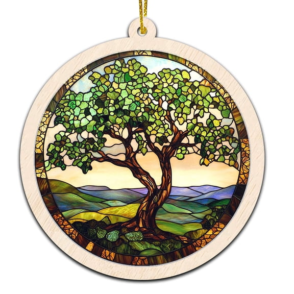 Mighty Oak Stained Glass Suncatcher Ornament Text Christmas 2025 Tree Decoration Gift for Family, Friends, Man & Woman