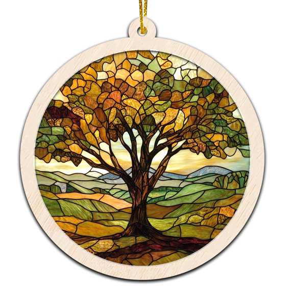 Mighty Oak Stained Glass Suncatcher Ornament Text Christmas 2025 Tree Decoration Gift for Family, Friends, Man & Woman