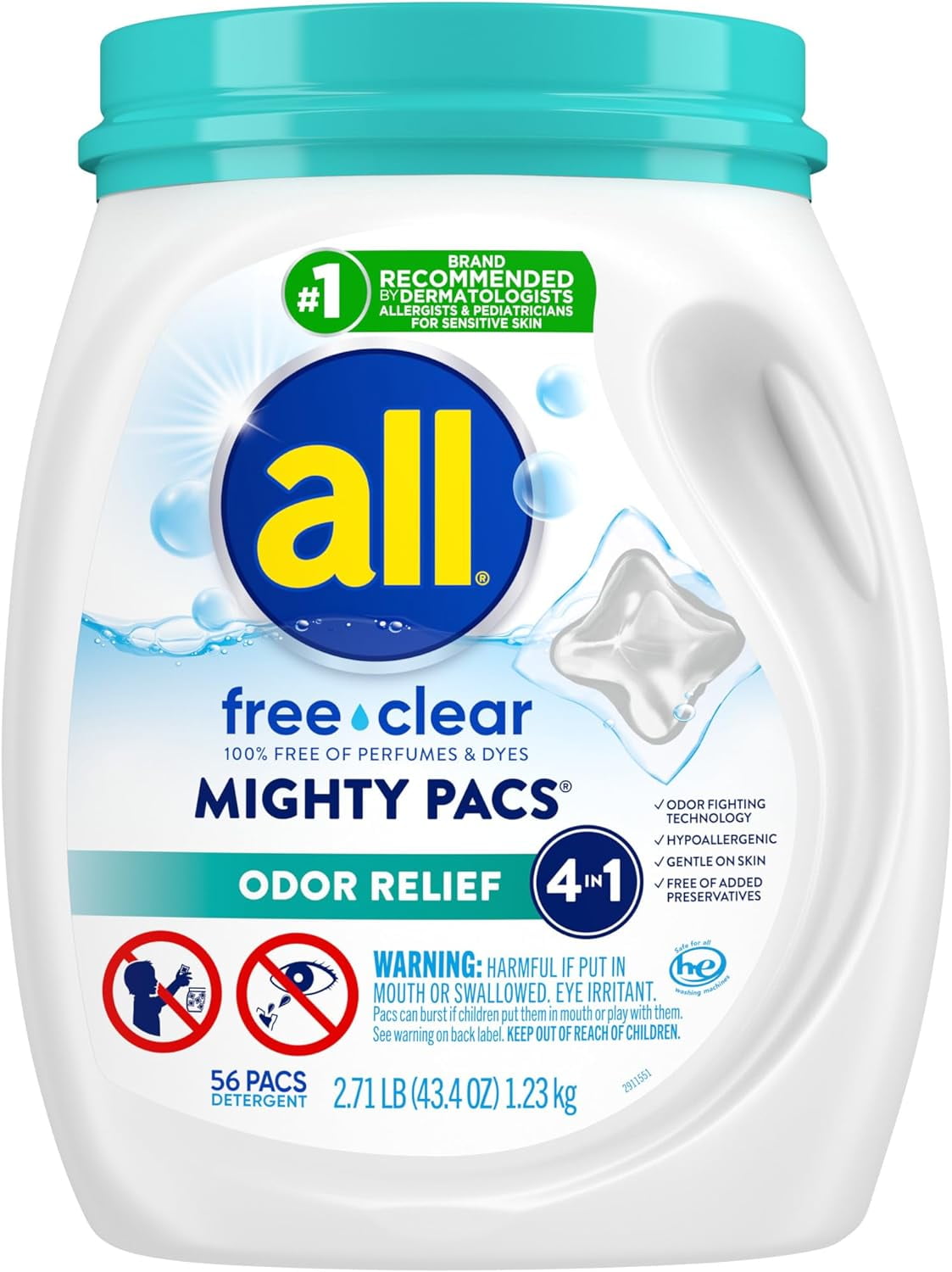 Mighty Pacs Laundry Detergent Free Clear Odor Relief, Tub, 56 Count