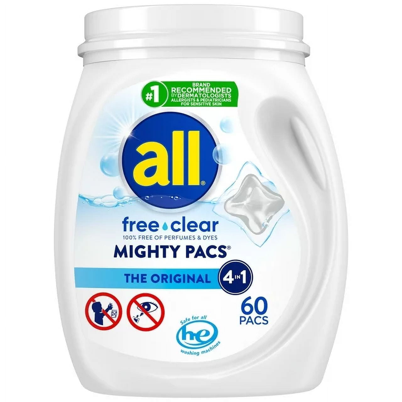 Mighty Pacs Laundry Detergent Pacs, Free Clear for Sensitive Skin, Unscented and Dye Free, 60 Count