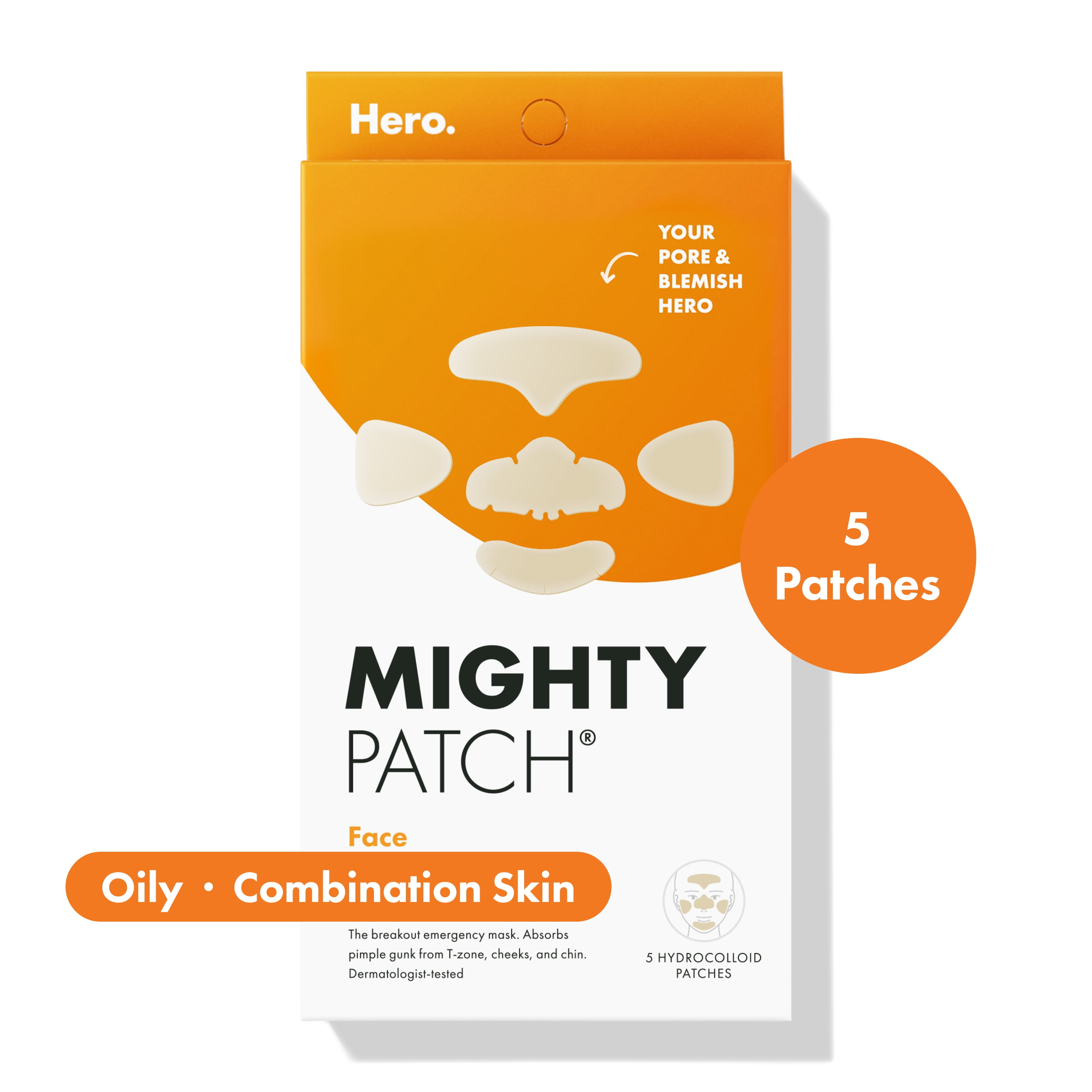 Mighty Patch, Face, Oily, Combination Skin, 5 Hydrocolloid Patches, Hero Cosmetics
