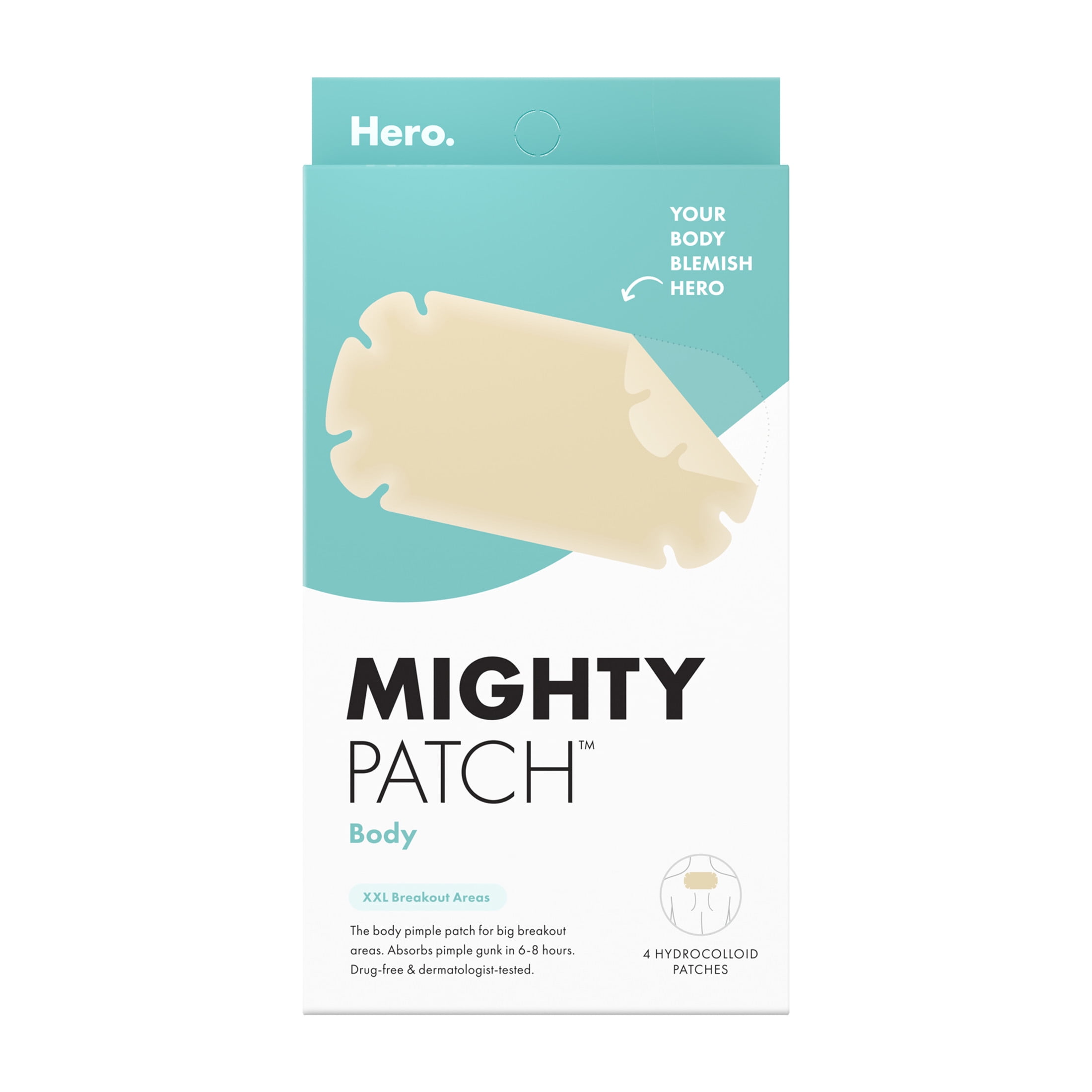 Hero Cosmetics Mighty Patch Body, Hydrocolloid Acne Body Patch for XL Breakout Areas, 4ct
