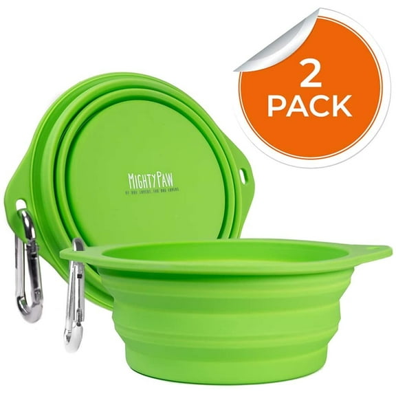 Mighty Paw Collapsible Travel Bowl Set, Food Safe Silicone Dog Bowl, Bonus Carabiner Clip for Hiking, Camping or Walking, Lightweight and Leakproof Dog Travel Bowl, 27 Oz, 2 Pack