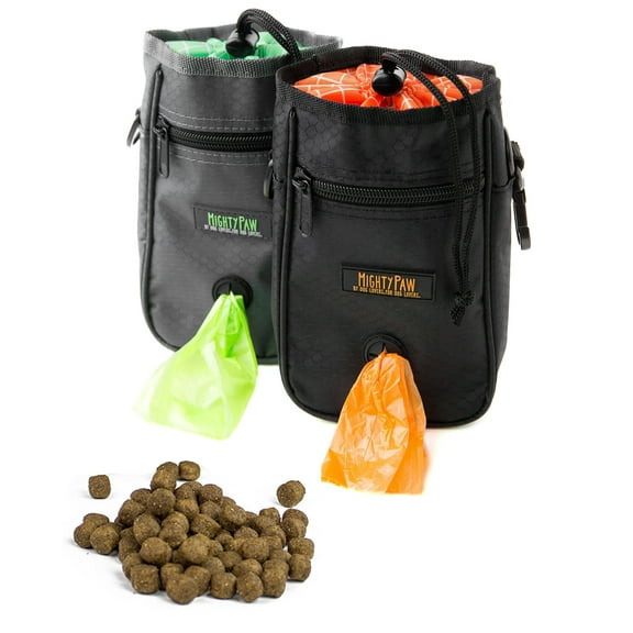 Mighty Paw Dog Treat Bag Drawstring Closure Pouch includes Carabiner Hook 1 Roll of Pickup Bags and Reflective Belt