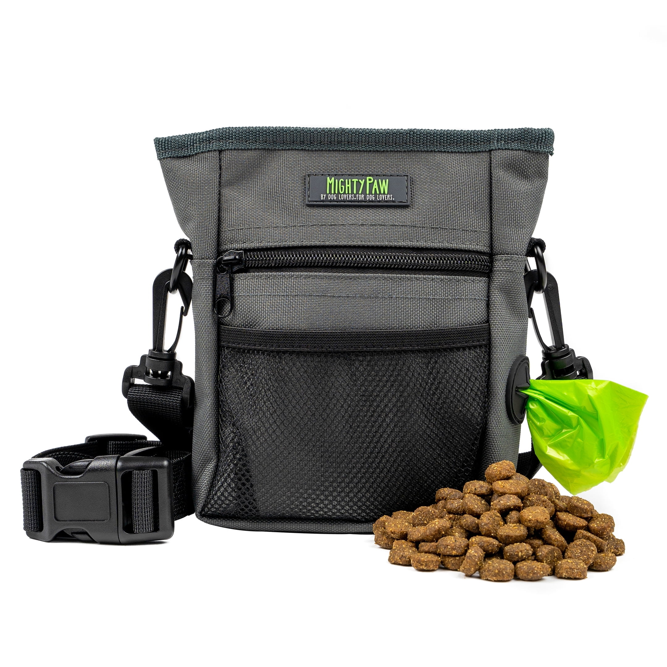 Mighty Paw Dog Treat Pouch 2.0 Hands Free Snack Bag With strap Holds 2 Cups Kibble Magnetic Clasp and Waist Belt Clip Includes 1 Roll of Poop Bags Green Grey 7 x 2.5 x 5 Walmart