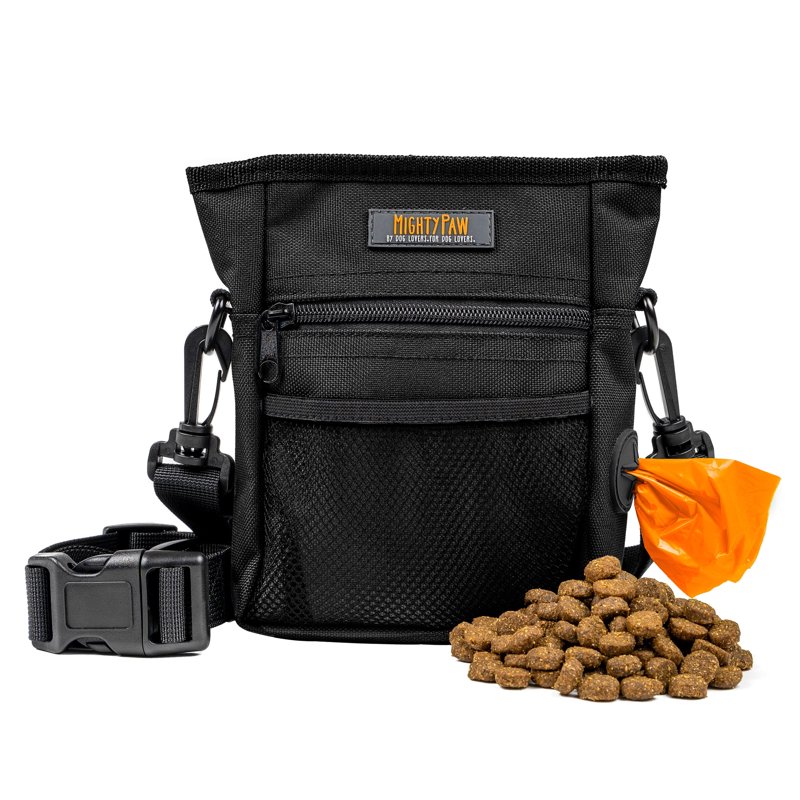 Mighty Paw Dog Treat Pouch 2.0, Hands-Free Snack Bag With strap, Holds 2 Cups Kibble, Magnetic Clasp and Waist Belt Clip, Includes 1 Roll of Poop Bags, Orange/Black, 7" x 2.5" x 5".