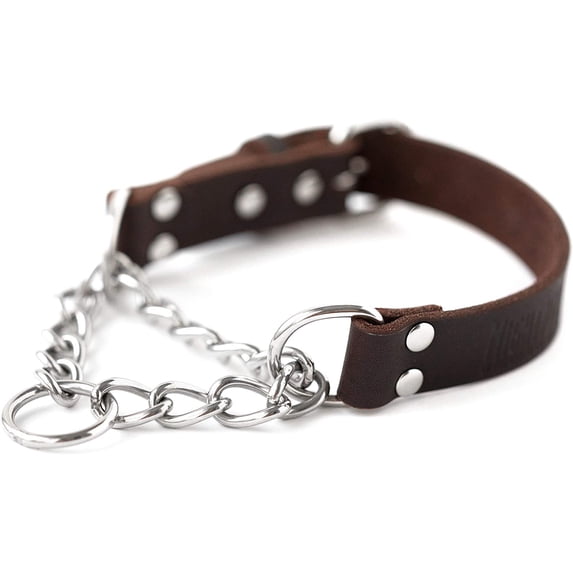 Mighty Paw Leather Dog Training Collar, Martingale Dog Collar with Stainless Steel Chain, Large