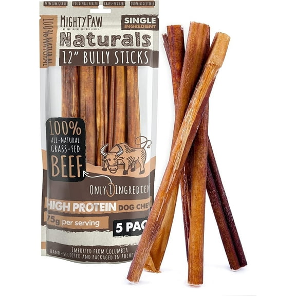 Mighty Paw Naturals Bully Sticks, All-Natural Protein Dog Treats for Dental Health, Large Dogs (12" Standard, 5 Pack)