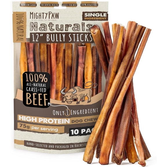 Mighty Paw Naturals Bully Sticks, All-Natural Protein Dog Treats for Dental Health, Large Dogs (12" Standard, 10 Pack)