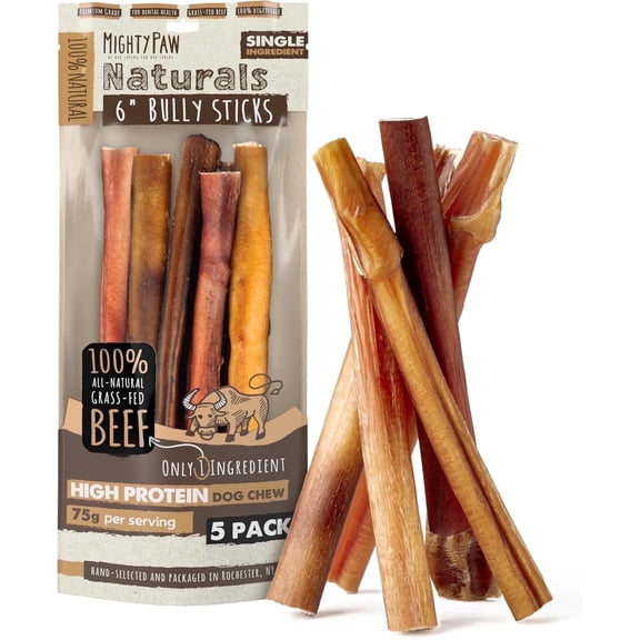Mighty Paw Naturals Bully Sticks, All-Natural Protein Dog Treats for Dental Health, Large Dogs (6" Standard, 5 Pack)