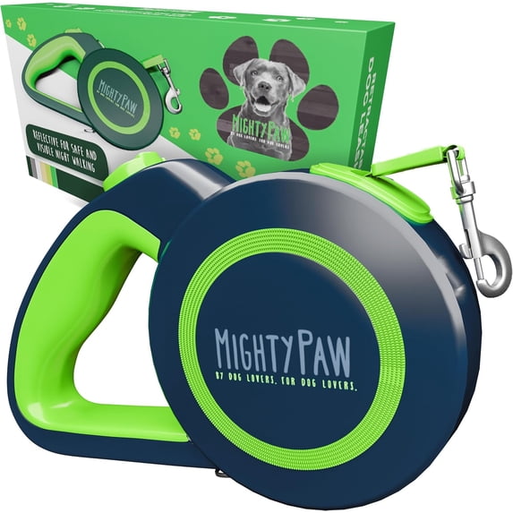 Mighty Paw Retractable Dog Leash 2.0 16' Nylon, Stainless Steel All Lifestages Reflective Dog Retractable Leash, Green (0 - 50 lbs)