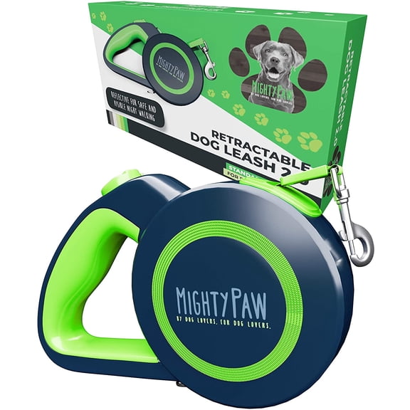Mighty Paw Retractable Dog Leash with 1 Touch Lock, Extra Durable Nylon Leash, No Slip Grip, Reflective Stitching, Ideal Dog Leashes for Everyday Use, Green, Lite