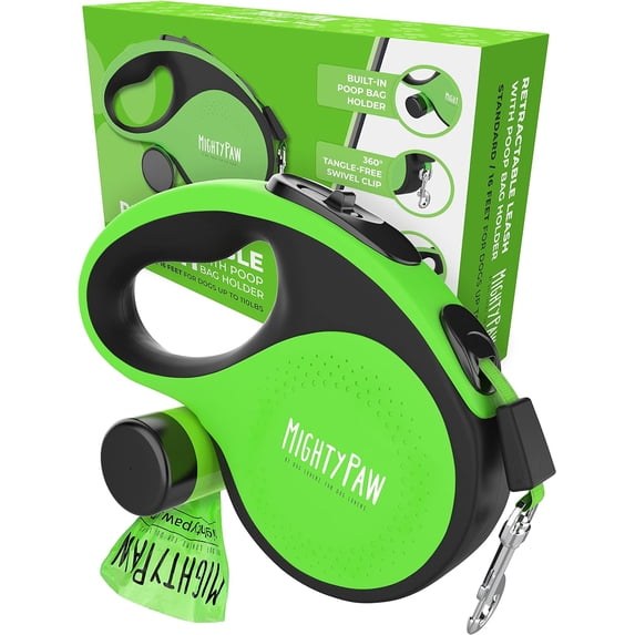 Mighty Paw Retractable Dog Leash 3.0 16' Nylon, Stainless Steel All Lifestages Reflective Dog Retractable Leash, Deluxe Green (0 - 50 lbs)