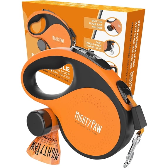 Mighty Paw Retractable Dog Leash 3.0 16' Nylon, Stainless Steel All Lifestages Reflective Dog Retractable Leash, Deluxe Orange (50 - 110 lbs)