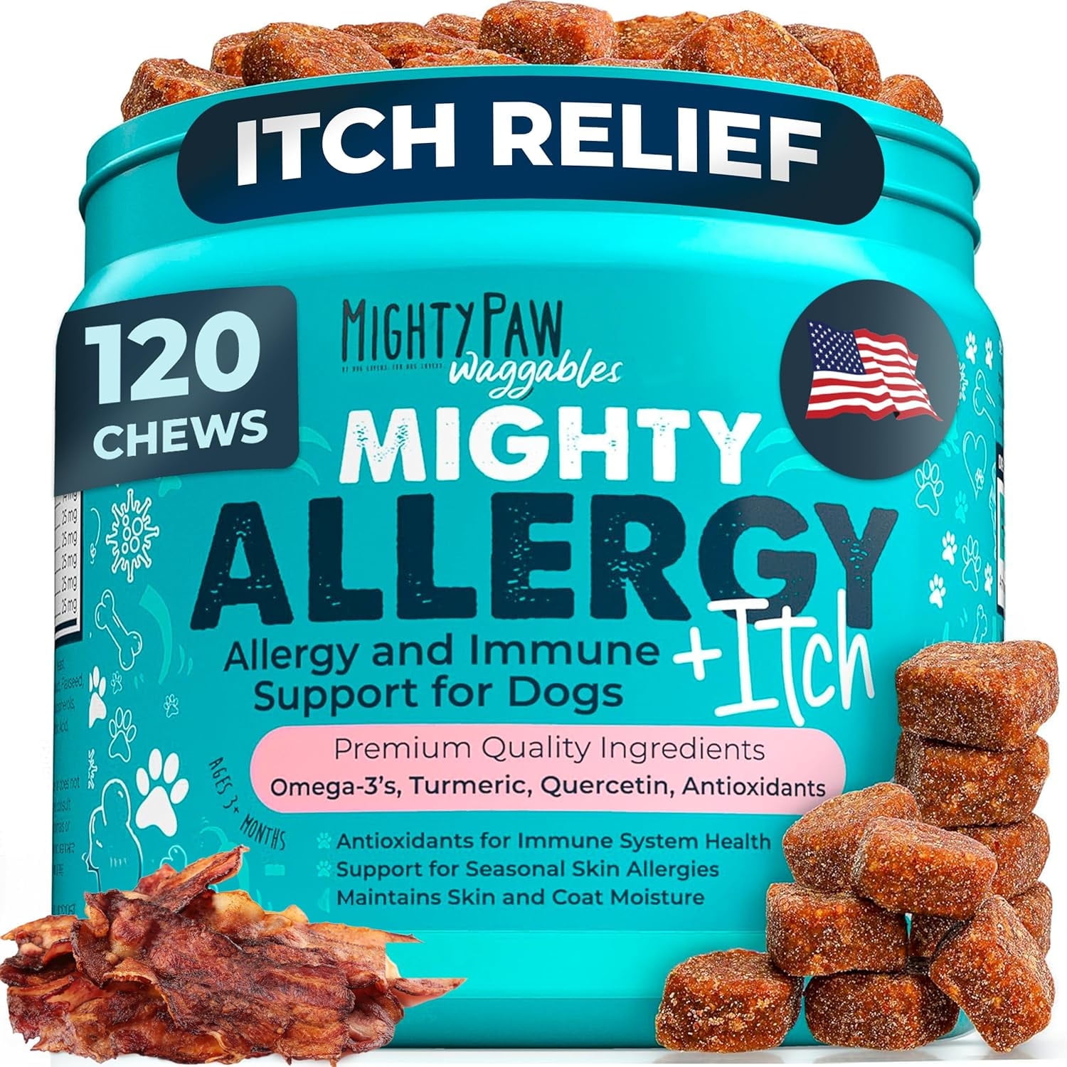 Mighty Paw Waggables Allergy & Immune Support for Dogs | Omega 3, Quercetin, Bacon Flavor, 120 Ct