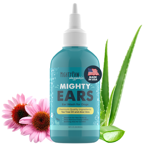 Mighty Paw Waggables Dog Ear Wash - 4 oz (Made in USA) | Dog Ear Cleaner Solution. Dog Ear Wash Cleaner Aloe Vera Dog Ear Drops. Liquid Ear Cleaner for Dogs. For Itchy Ears, Yeast & Healthy Ear Canals