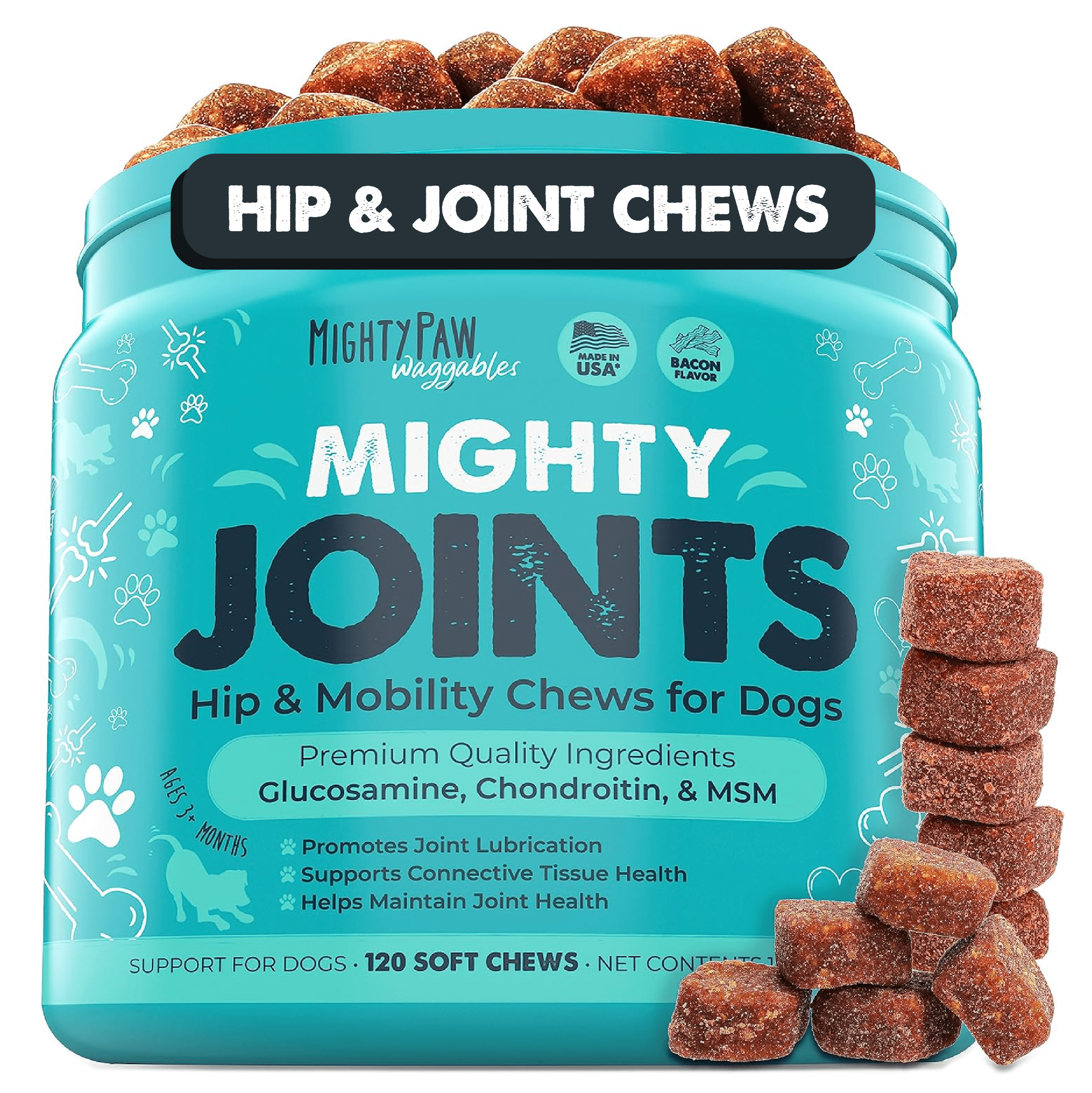 Mighty Paw Waggables Hip and Joint Chews for Dogs, Joint Supplements for Dogs, Glucosamine for Dogs, Vet Formulated Pet Mobility, Chondroitin & Msm Dog Joint Supplement Chews, 120 Ct