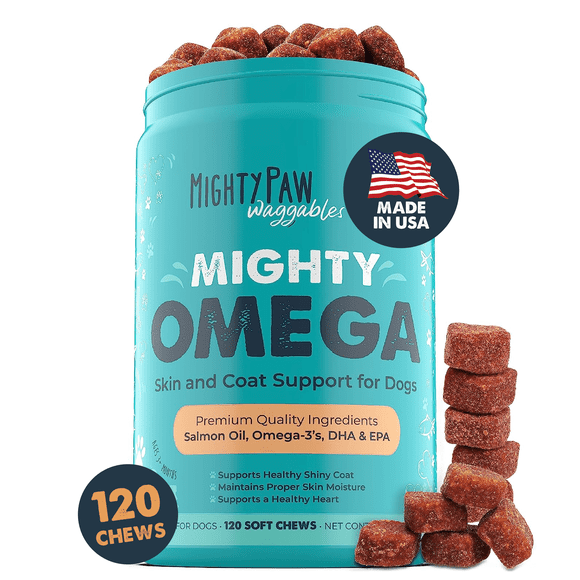Mighty Paw Omega 3 Fish Oil Dog Chews, Skin & Coat Supplements, Bacon Flavor, 120 Count