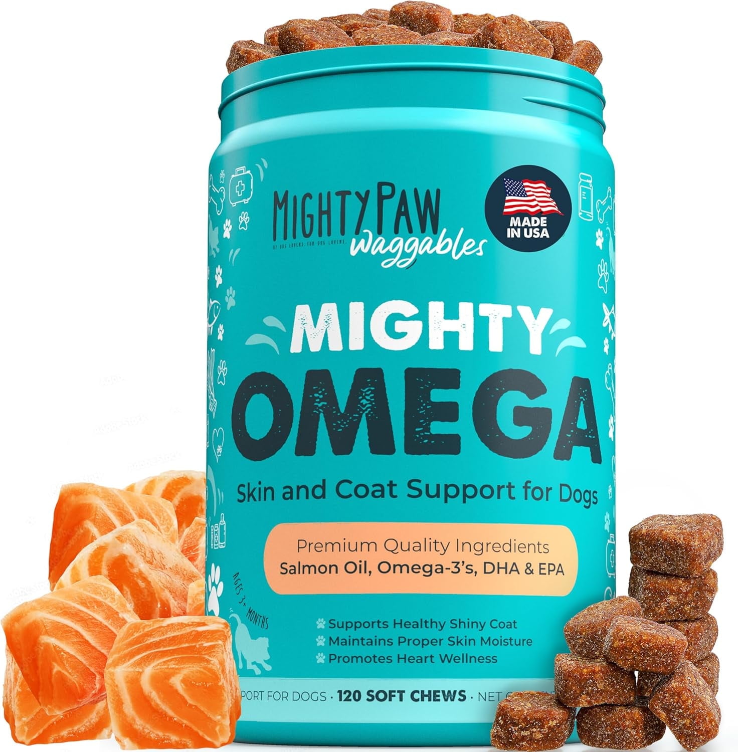 Mighty Paw Omega 3 Fish Oil Dog Chews, Skin & Coat Supplements, Bacon Flavor, 120 Count