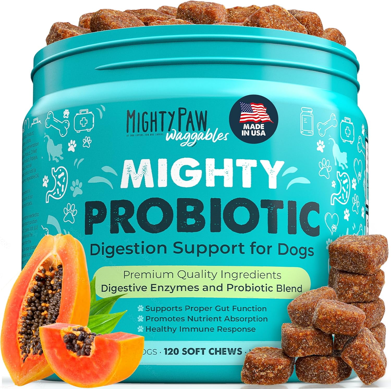 Mighty Paw Waggables Dog Probiotics Chews, Digestive Enzymes Supplement, Bacon Flavor, USA, 120 ct