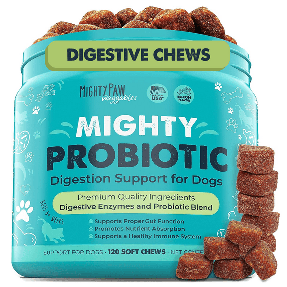 Mighty Paw Waggables Dog Probiotics Chews, Digestive Enzymes Supplement, Bacon Flavor, USA, 120 ct