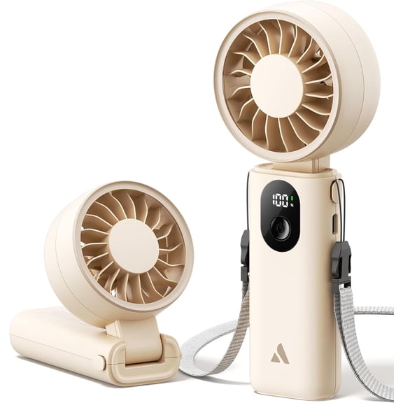 Mighty Portable Fan, Powerful Handheld Fan, 3 Modes 3600mAh Rechargeable Mini [20H Max Cooling Time], Small Battery Powered Personal Foldable for Travel, Summer, Gifts for Women -Beige