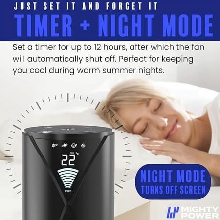 Mighty Power Tower Fan 38 Inch, Ultra-Quiet Oscillating Bladeless Fan with Remote, 3 Speeds, 4 Mode Types, LED Display, 12H Timer, Black, Floor Standing Fan, Powerful for Indoor Ho