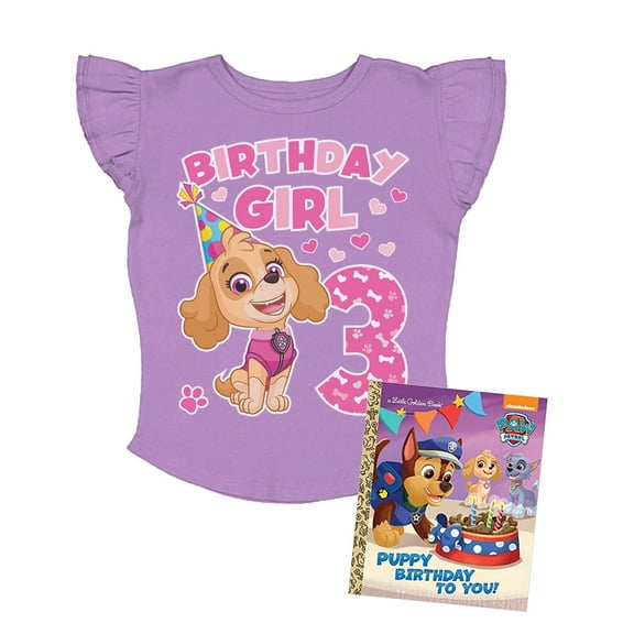 Mighty Pup Skye 3rd Birthday Girl Shirt Paw Patrol 3 Year Old Toddler Kids Girls Ruffle Sleeve T-Shirt LV Tshirt+Book+Sticker Lavender 2T