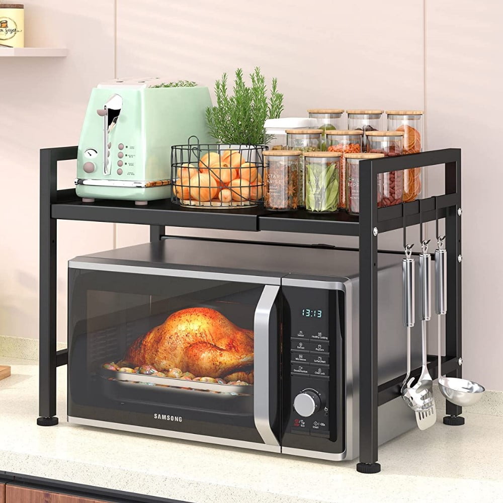 Kibhous 2 Tier Microwave Oven Rack Baker s Rack Shelf for Kitchen Utensils Adjustable Shelf Organizer for Kitchen Counter Black