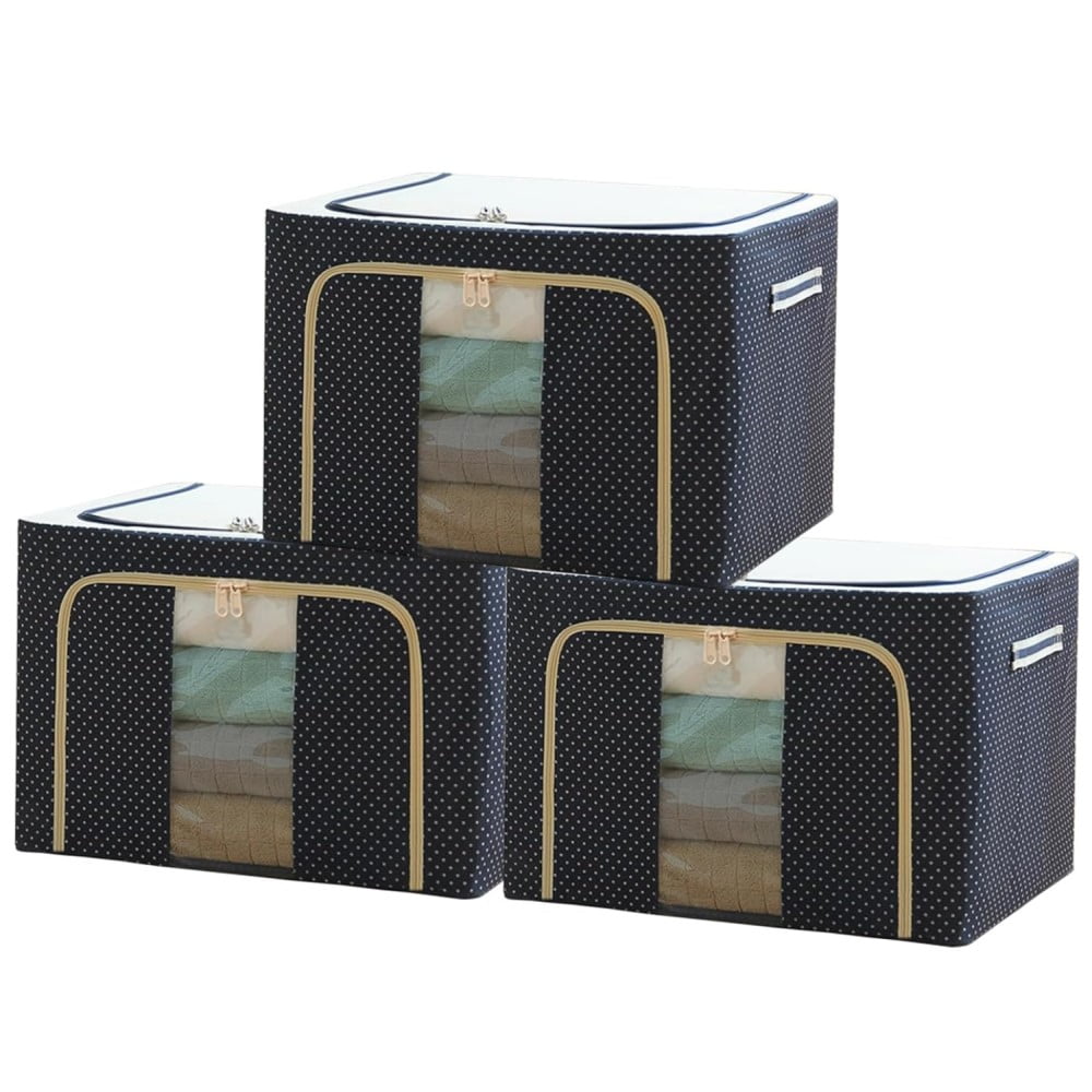 Mighty Rock 3 Pack Extra Large Clothes Storage Bins - Foldable Metal Frame Storage Box - Stackable Linen Fabric Organizer Set with Carrying Handles and Clear Window , Wave Point 100L