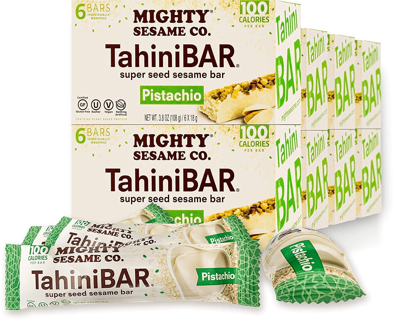 Mighty Sesame Tahini Bars with Pistachio 3.8oz 8 Pack, 48 Bars 100 Calorie Bar, Gluten Free, Vegan, Nothing Artificial, Kosher