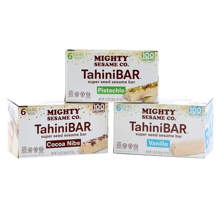 Mighty Sesame TahiniBars, Variety Pack 18 Bars 6 Pistachio - 6 Vanilla - 6 Cocoa Nibs 100 Calorie Mini Halva Bars Individually Wrapped