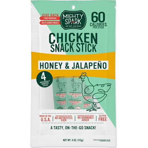 Mighty Spark Chicken Snack Sticks, Honey & Jalapeo, 60 Calories per Stick, Gluten Free, 4 Sticks, 4 Ounce (Pack of 8)