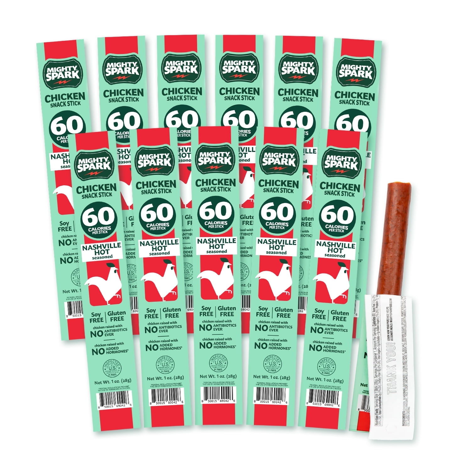 Mighty Spark Chicken Snack Sticks, Nashville Hot, 60 Calories, Gluten Free, Soy Free, 12 Count