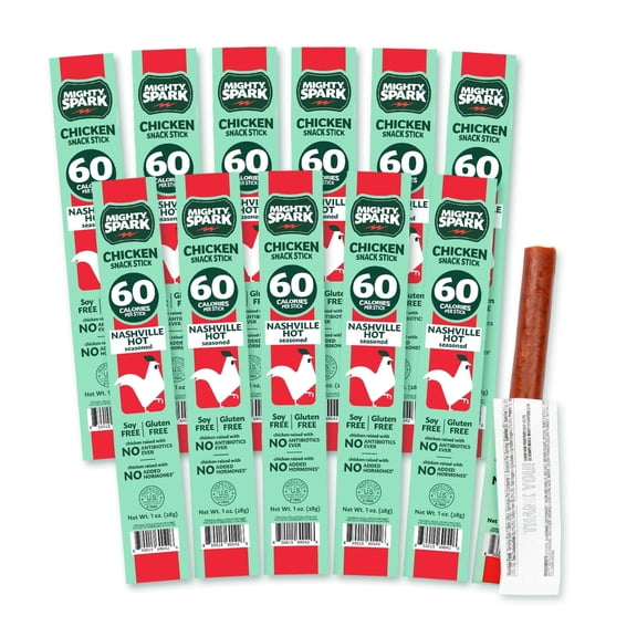 Mighty Spark Chicken Snack Sticks, Nashville Hot, 60 Calories, Gluten Free, Soy Free, Keto-Friendly, 12 Count