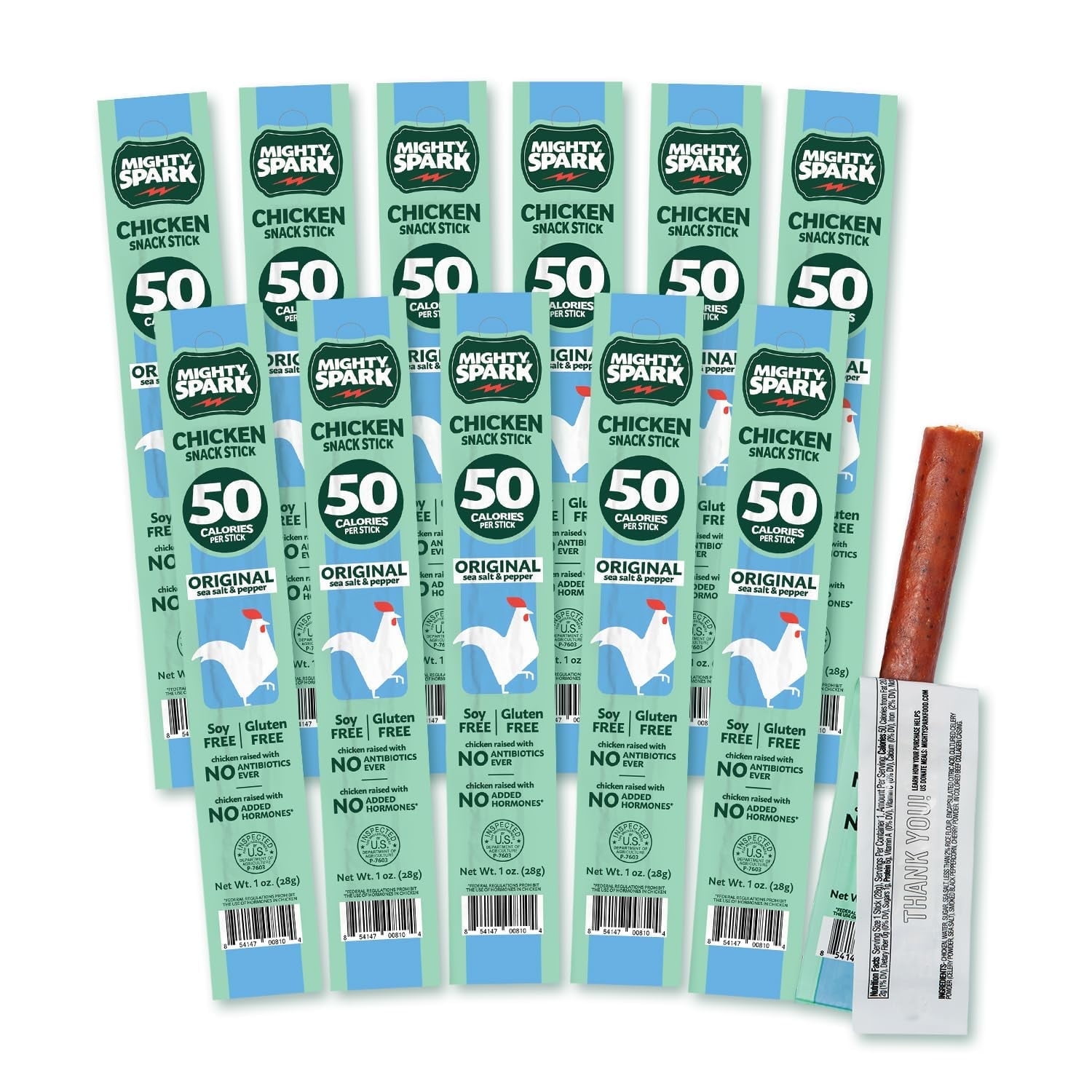 MIGHTY SPARK Chicken Snack Sticks, Original Sea Salt & Pepper, Gluten Free, Soy Free, 12 Count