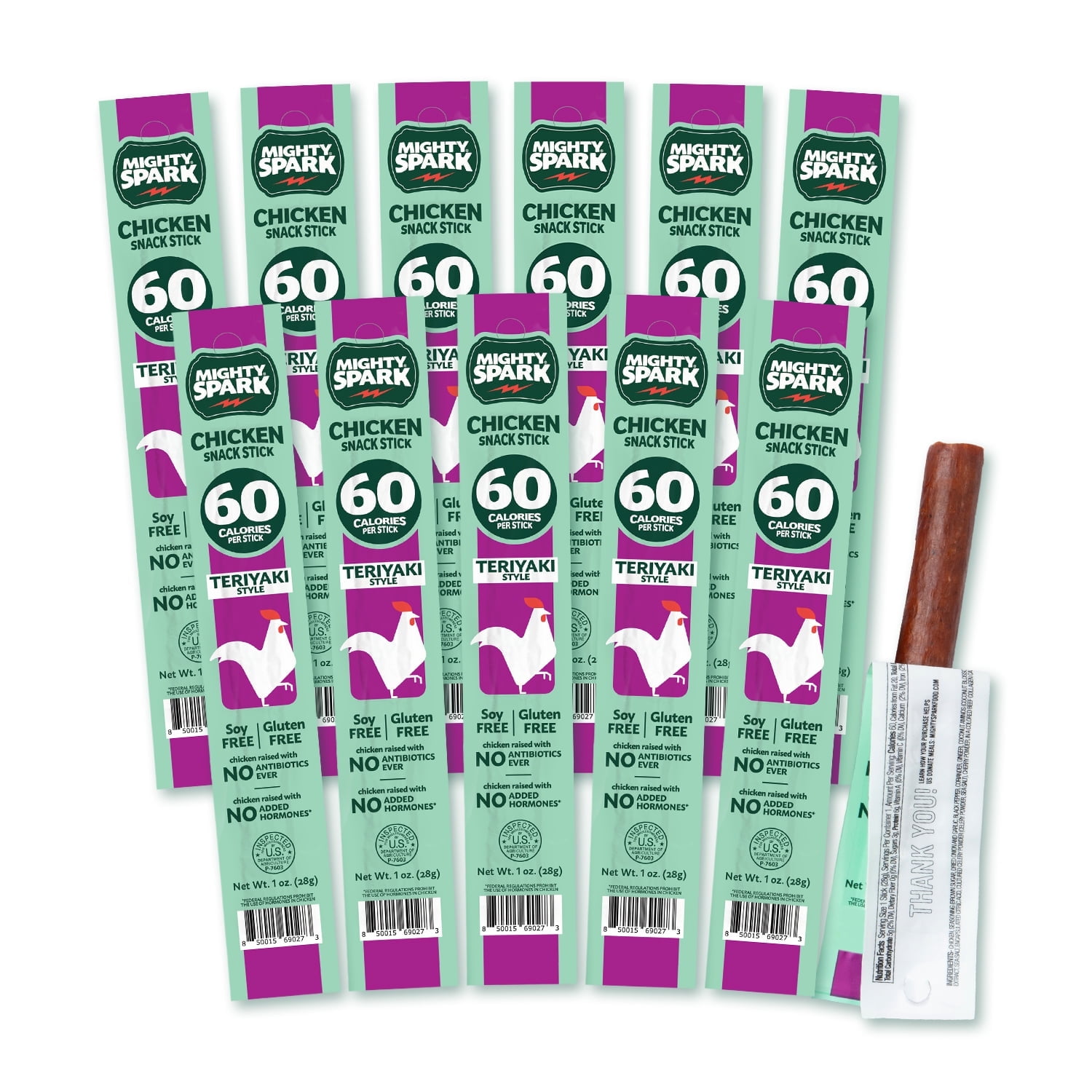 Mighty Spark Chicken Snack Sticks, Teriyaki, 60 Calories, Gluten Free, Soy Free, 12 Count