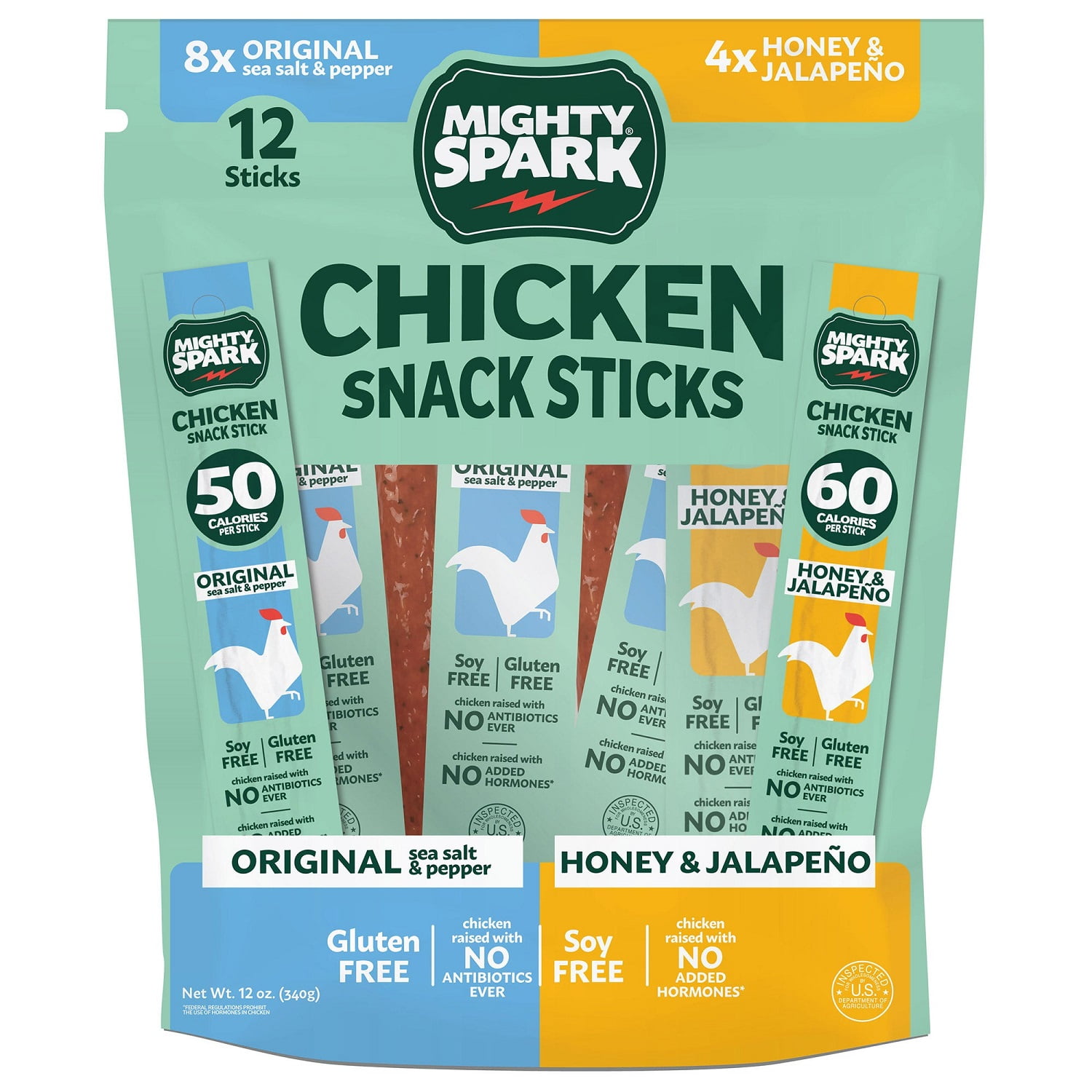 Mighty Spark Chicken Snack Sticks, Variety Pack, 1 Ounce (Pack of 12)