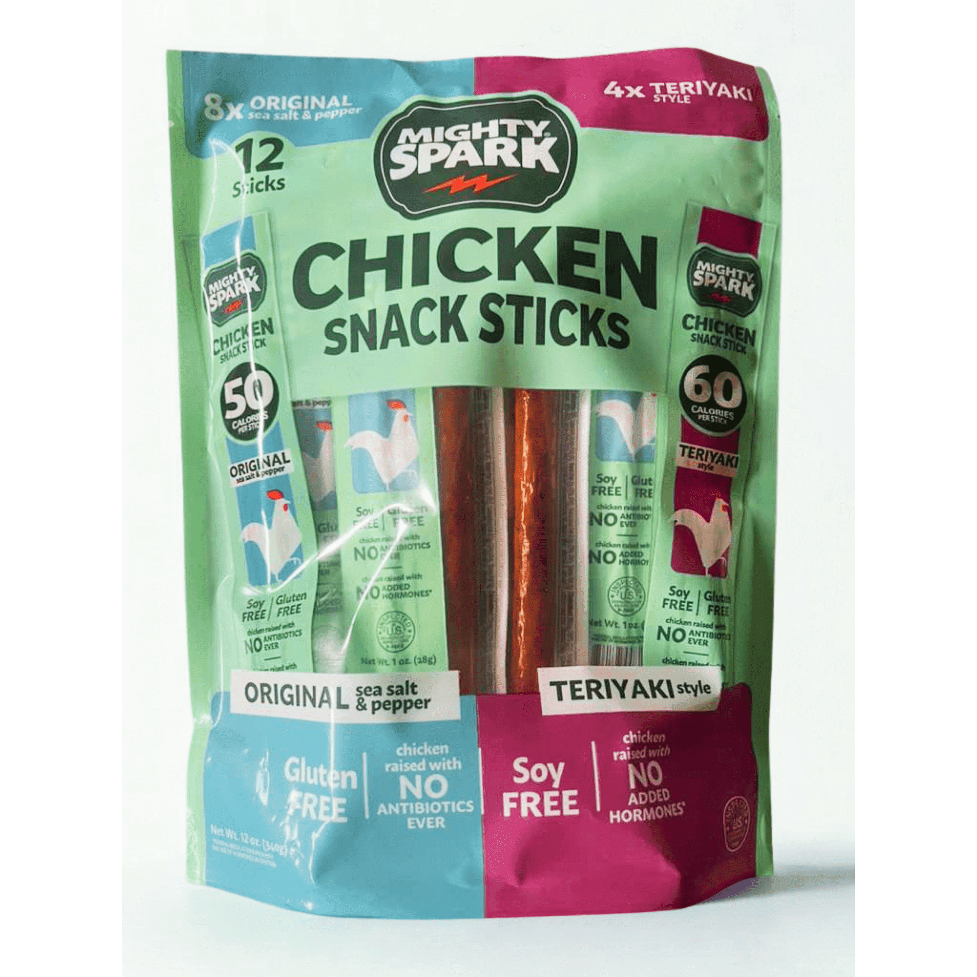 Mighty Spark Chicken Snack Sticks Variety Pack, Original Sea Salt & Pepper and Teriyaki Style, Gluten Free, Soy Free, 12 oz, 12 Count
