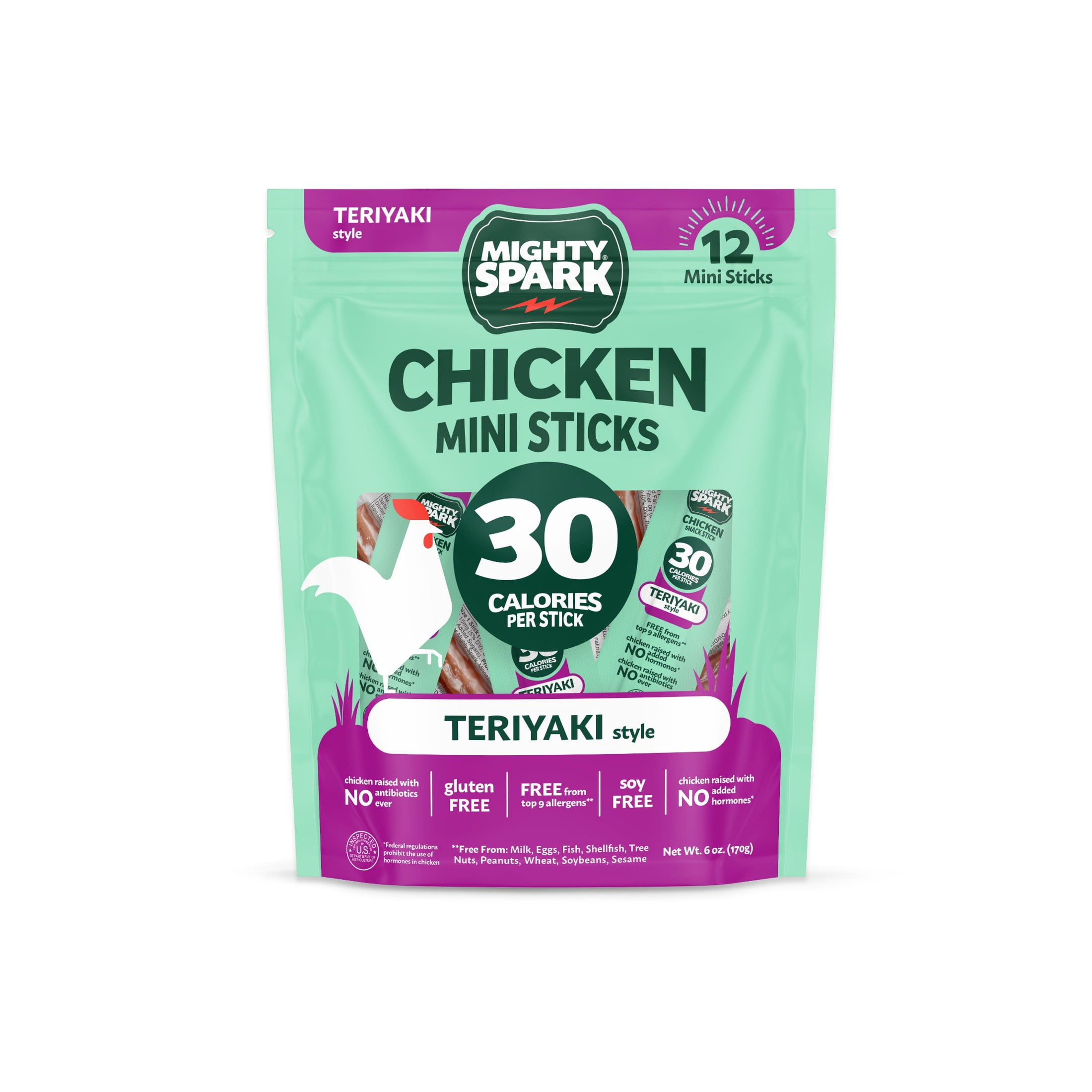 Mighty Spark Teriyaki Style Mini Chicken Sticks, 6 oz Bag – 3g Protein per Serving, 12 Count
