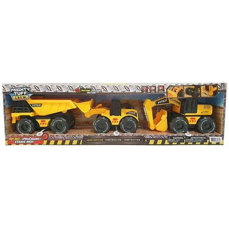 Mighty Tuff Crew Lights & Sounds 3-Pack Vehicles Set, Friction Powered Dump Truck, Excavator and Earth Mover Vehicle Set, Children Ages 3 Years and Up