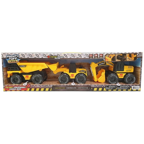 Mighty Tuff Crew Lights & Sounds 3-Pack Vehicles Set, Friction Powered Dump Truck, Excavator and Earth Mover Vehicle Set, Children Ages 3 Years and Up