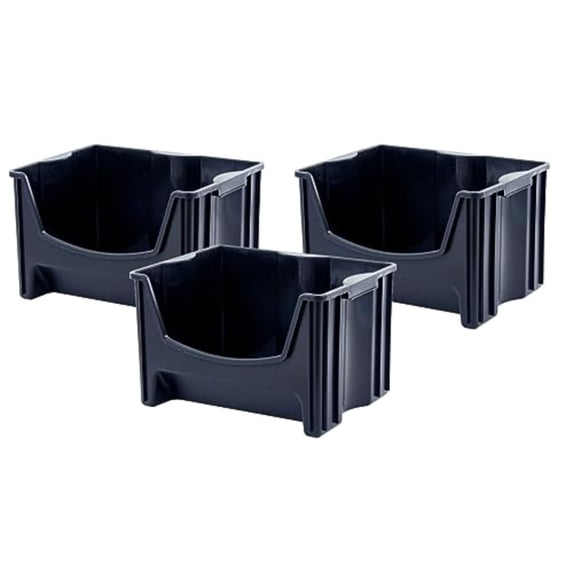 Jumbo Stackable Storage Bins Pack of 3 Easy-Access Storage Large Easy-To-Grip Handles Wide Front Opening Interlocking Stack Vertically Black
