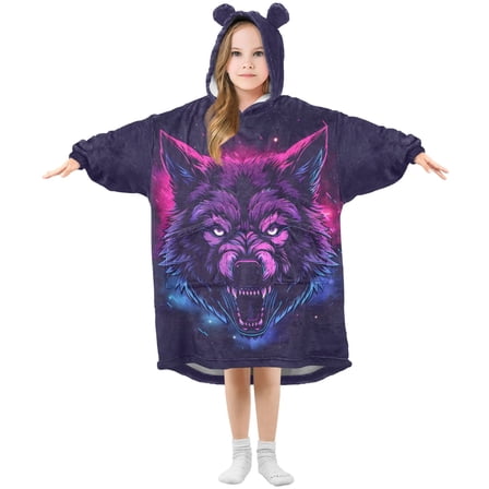 Mighty Wolf Roaring Flannel Wearable Blankets Hooded Design Long Sleeves Wrap Unisex for 3T-14Y S