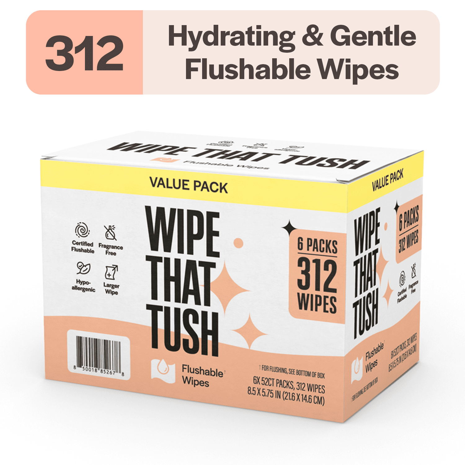 Wipe that Tush Flushable Wipes Value Pack,  Aloe & Vitamin E infused, Fragrance-Free, 6 Packs of 52 Wipes, 312 Total